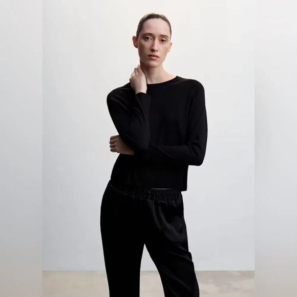 MNG MANGO Bright Elastic Waist Satin Pants in Black - Picture 6 of 13